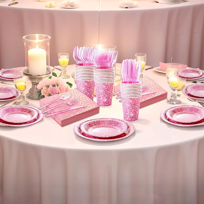 Hushee 175 Pcs 25 Guests Pink Paper Party Plates and Cups Napkins Sets Holographic Glitter Disposable Dinnerware Plastic Forks Knives Spoons Birthday Bachelorette Wedding Party Supplies
