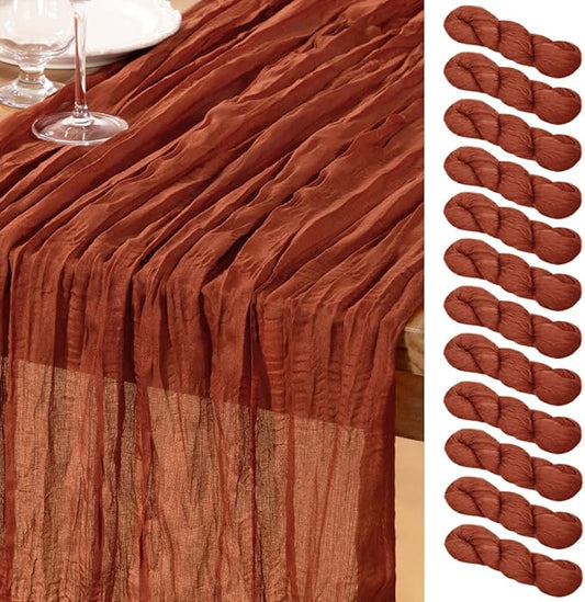 DeZerlor Terracotta Cheesecloth Table Runner Burnt Orange 12 Pack Spring Easter Table Runners 120 Inches Rust Cheese Cloth Table Decor for Wedding Bridal Baby Shower Parties