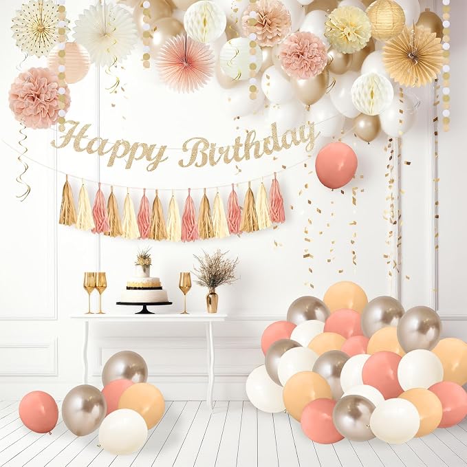 56 Pcs Champagne-Gold Beige Boho Birthday Decorations for Women Girls, Happy Birthday Banner, Cream Neutral Balloons, Tassel Garland, Peach Paper Lanterns, Tissue Pom Poms Fan, Rustic Backdrop Decor
