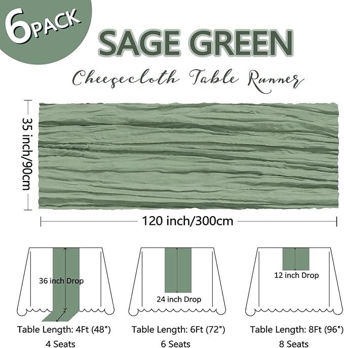 6 Pack Sage Green Cheesecloth Table Runner 10Ft Spring Gauze Cheese Cloth Table Runner 35x120 Inch Boho Sheer Rustic Fabric for Holiday Party Decor Baby Shower Wedding Home Decorations