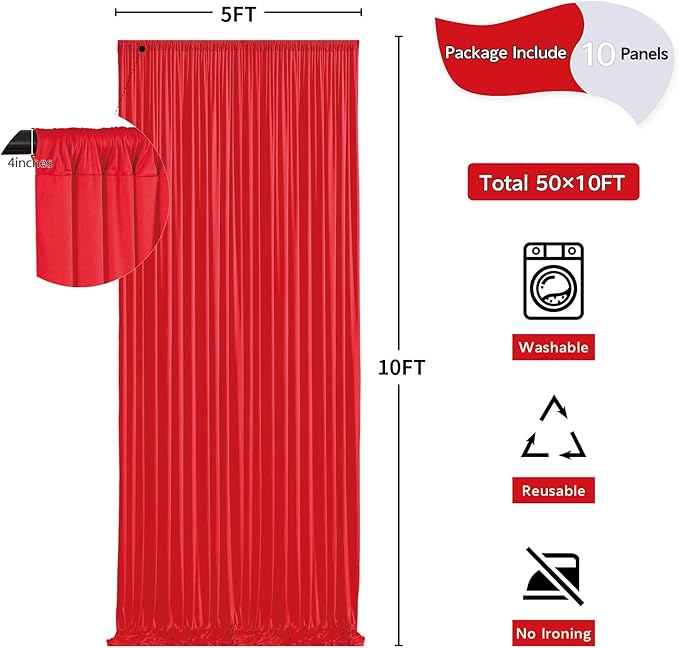 50ft x 10ft Wrinkle Free Red Backdrop Curtains for Parties, Polyester Photo Backdrop Drapes 10 Panels 5x10ft for Weddings Birthday Party Christmas Photography Background