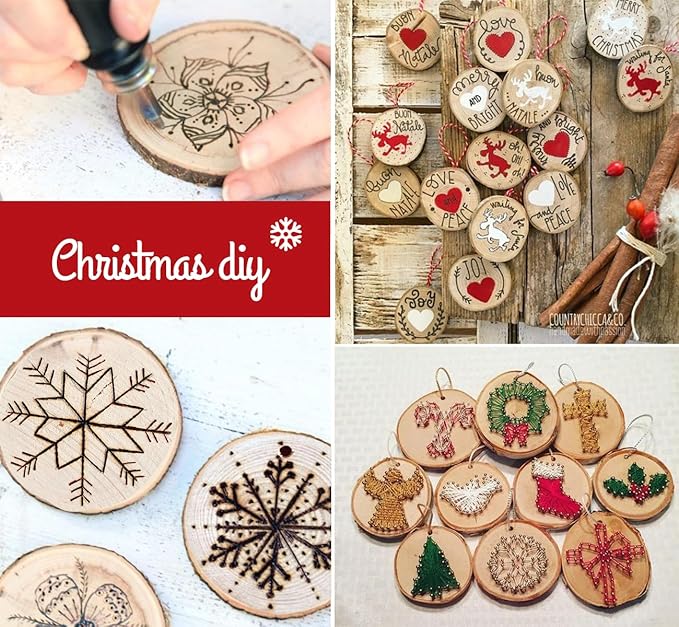 ilauke Wood Slices, 30 Pcs 2.4"-2.8" Natural Wood Rounds with Predrilled Hole, Wooden Circles with Bark, Unfinished Wood Kit for Paint DIY Ornaments Christmas Crafts Arts Wedding Decorations