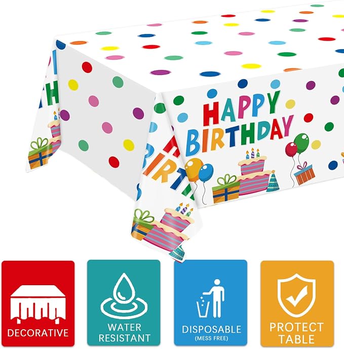 Happy Birthday Decorations - Colorful Dots Birthday Party Supplies Includes Plates, Napkins, Cups, Cutlery, Banner, Hanging Swirl, Tablecloth, Balloons for Birthday Decorations, Serves 24