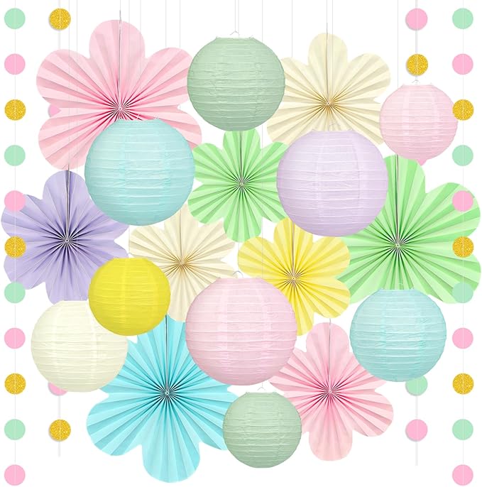 Spring Hanging Decorations - 20Pcs Pastel Party Decorations | Paper Lanterns & Flower Fans Set with Glitter Garland for Pastel Classroom Decor, Office, Baby Shower, Wedding & Easter Wall Decor