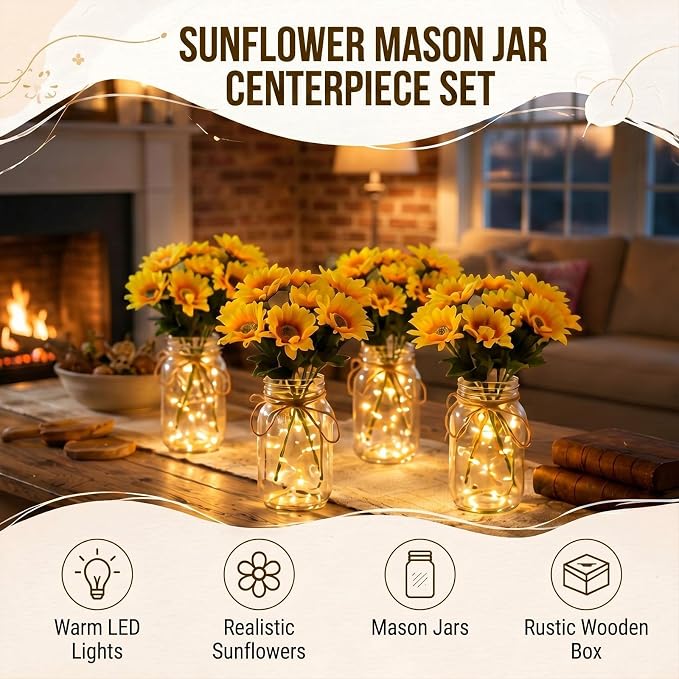 Mason Jar with Lights Decorative Centerpieces for Tables Mason Jars Flowers Decorations LED Farmhouse Vase for Home Wedding Event Party Decor(Sunflower,Yellow,4 Sets)