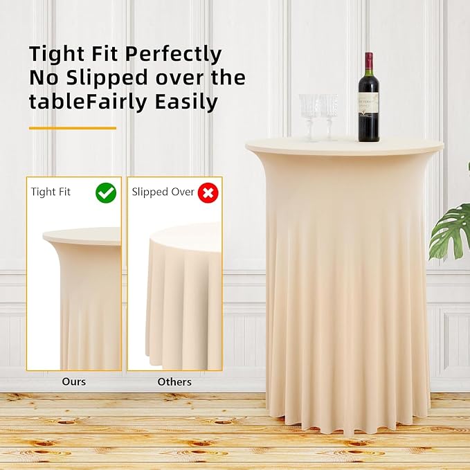 2 Pack Champagne Round High Top Cocktail Table Cloth 32×43 Inch, Wrinkle Free Stretch Spandex Cocktail Tablecloths Table Covers with Wavy Skirt for Cocktail Party Banquet Birthday Bar
