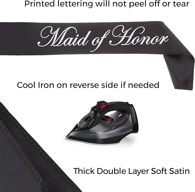 Ella Celebration Maid of Honor Sash, Black Satin Double Layer Bridal Party Sashes for Bachelorette Party (Maid of Honor Black)