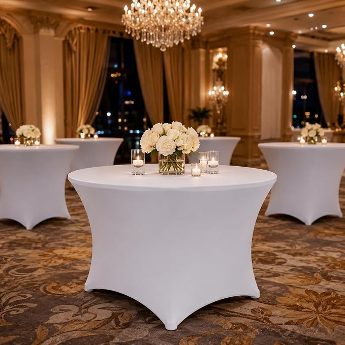 Round Table Covers - 6 Pack 48x30 Inch Table Cloth - White Fitted Stretch Spandex Round Tablecloth for Party, Vendor, Birthday, Booth, Banquet