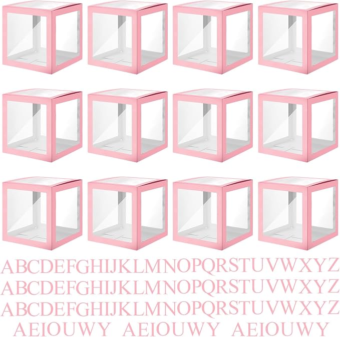 Thyle 12 Pcs Transparent Balloon Boxes Clear Balloon Boxes with 99 Letters for Baby Shower Gender Reveal Grad Birthday Party Bridal Wedding Anniversary Backdrop Decoration (Pink)