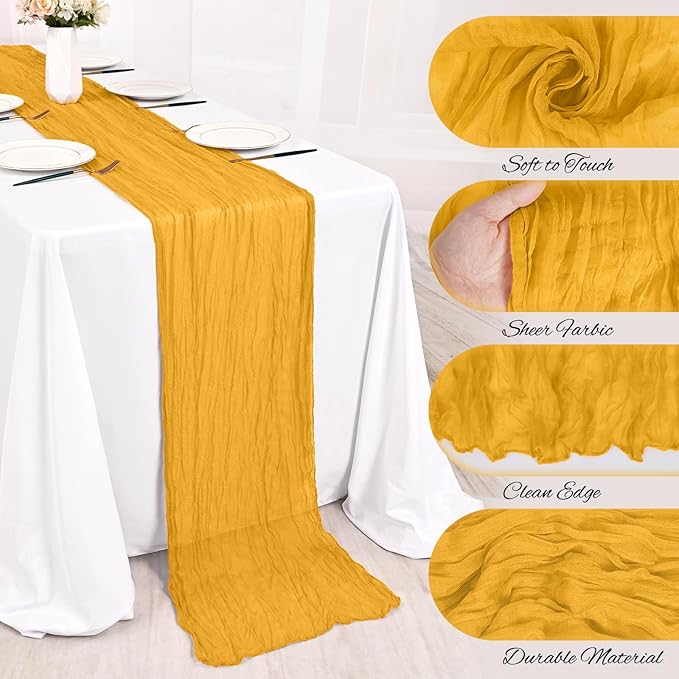 24 Pack Mustard Cheesecloth Table Runner 10FT Boho Gauze Cheese Cloth Table Runner Rustic Sheer Fabric Table Runners for Wedding Bridal Shower Baby Shower Party(21.5×120 Inch)