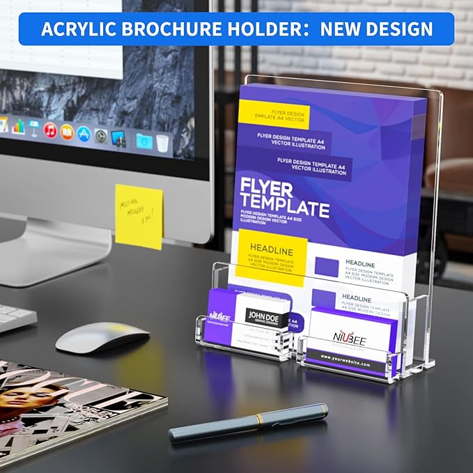NIUBEE 2-Pack Acrylic Brochure Holder 8.5*11 inches , Clear Brochure Display Stand with Acrylic Business Card Holder, Plastic Flyer Display Stand for Magazine, Pamphlet, Booklets, Menu, Journals