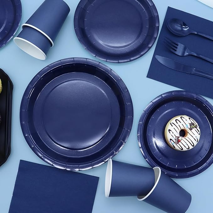 350Pcs Navy Blue Party Supplies for Navy Blue Party Decorations includes Paper Plates and Napkins Cups Utensils,Blue Disposable Plates Set for Boy Baptism Birthday Graduation Serve 50 Guests