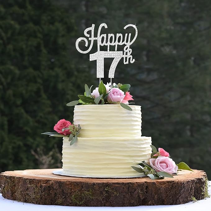 LINGTEER Happy 17th Birthday Silver Rhinestone Cake Topper - Cheers to 17th Birthday Seventeen Years Old Party Cake Centerpieces Topper Decorations Gift Sign.