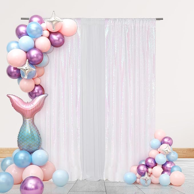 PartyDelight Iridescent White Sequin Backdrop Curtains 2x8ft 2 Panels | Iridescent white 3mm sequins show pink and purple tones under light with 4 inch rod pocket for doors windows and photo booths