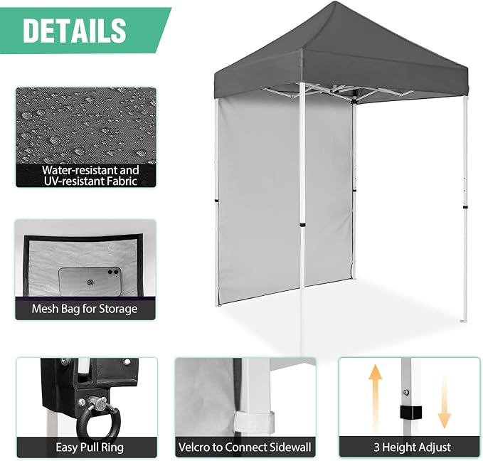 5x5 Pop Up Canopy Tent with One Sidewall, Instant Portable Beach Canopy, Outdoor Tent with Carry Bag for Camping, Sports, Tailgating, Events, Gray