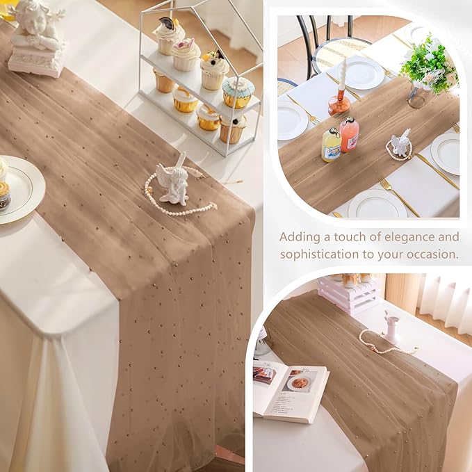 12 Pack 10FT Pearl Table Runner 30x120 Inch Nude Brown Tulle Fabric Boho Rustic Sheer Table Runners Lace Table Cloth for Wedding Bridal Shower Birthday Party Arch Veil Dessert Table Decor (Nude Brown)