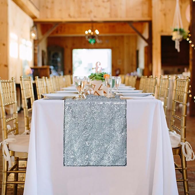 10 Packs 12 x 72 inches Black Silver Sequin Table Runner, Glitter Runner for Birthday Party Supplies Wedding Holiday Celebration Baby Shower Engagement Anniversary Decor