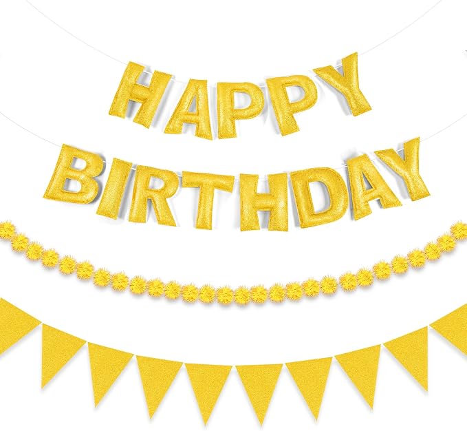 CANREVEL Pre-Strung 3D Happy Birthday Banner, 3 PCS Happy Birthday Garland Felt, Pom Pom Garland, Triangle Fabric Garland Bunting, Reusable Birthday Decorations for Women Men Girls Boys, Gold