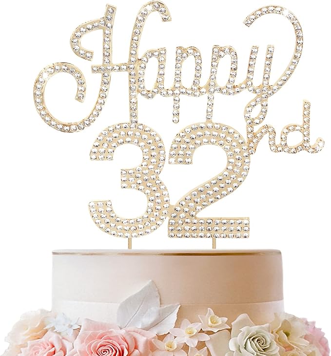 LINGTEER Happy 32nd Birthday Gold Rhinestone Cake Topper - Cheers to 32nd Birthday 32 Years Old Anniversary Party Cake Centerpieces Topper Decorations Gift Sign.