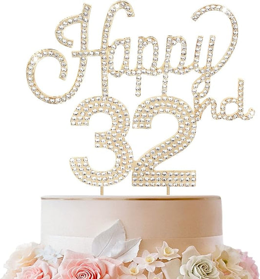LINGTEER Happy 32nd Birthday Gold Rhinestone Cake Topper - Cheers to 32nd Birthday 32 Years Old Anniversary Party Cake Centerpieces Topper Decorations Gift Sign.