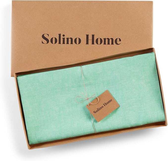 Solino Home Linen Cloth Tablecloth 52 x 52 Inch - 100% Pure Linen Chambray Aqua Square Tablecloth - Athena, Machine Washable Table Throw for Summer