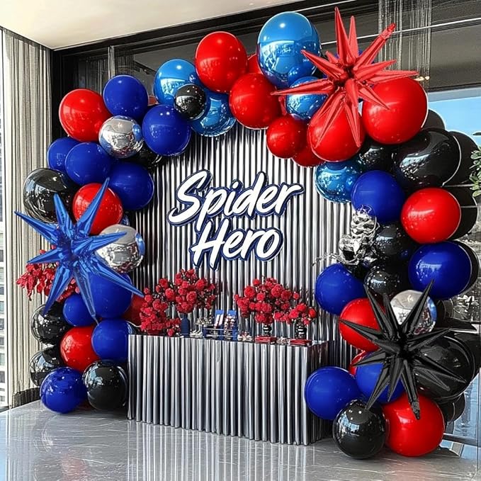 Red Blue Black Balloon Arch Garland Kit Double Stuffed Black Red Balloons Royal Blue Silver Balloon Garland with Star Foil Balloons for Baby Shower Birthday Graduation Spider Hero Themed Party Decor