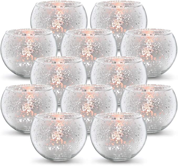 Volens Round Silver Votive Candle Holders, Mercury Glass Tealight Candle Holder Set of 12