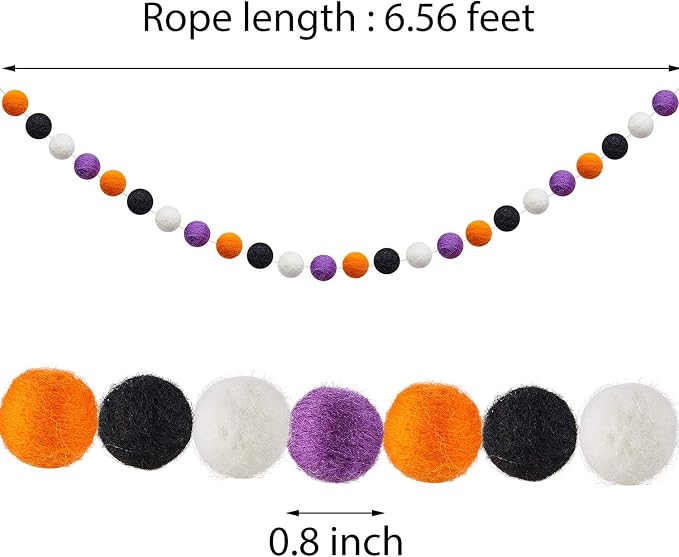 WILLBOND 2 Pieces Wool Felt Rainbow Ball Garland Colorful Pom Pom 6.5 ft Long 24 Ball Garland for Easter Mardi Gras Classroom Halloween Thanksgiving Xmas (Orange,White,Black,Purple)
