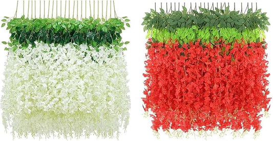 BLEUM CADE 10 Pcs White & 36Pcs Red Wisteria Hanging Flowers, 3.6Ft/Pcs Fake Wisteria Flowers, Artificial Hanging Wisteria Garland for Wedding Party Home Backdrop Wall Decorations