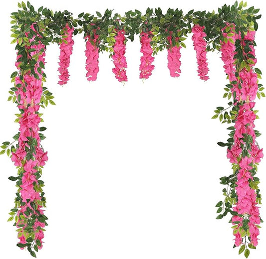 Artificial Flowers Wisteria Garland 2PCS 5.91FT/Peice Hot Pink Fake Wisteria Vine Faux Wisteria Rattan Silk Hanging Flowers for Wedding Arch Decorations Ceremony Garden Decor (Hot Pink)