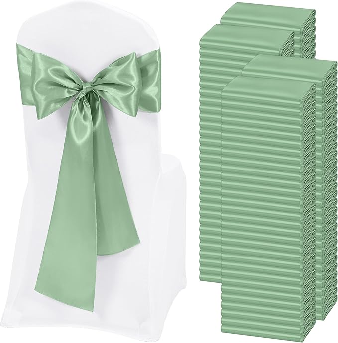 120 PCS Sage Green Satin Chair Sashes, Ties Bows Designed Chairs Decorative, Chair Cover Sashes for Thanksgiving Wedding Christmas Banquet Party Home Kitchen Decoration (7 x 108 inch)