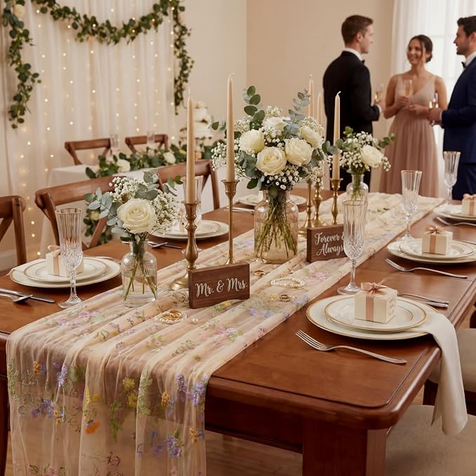 Champagne Floral Table Runner 10ft Embroidery Tulle Spring Wildflower Table Runner Seasonal Summer Butterfly Kitchen Dining Gauze Decoration for Wedding Baby Shower Birthday Party (3 Pcs)
