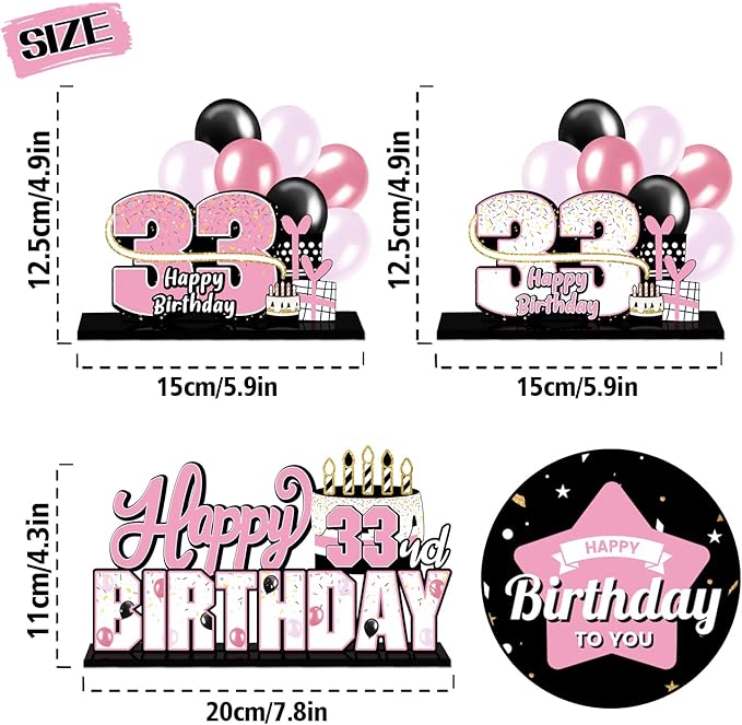 LINGTEER Happy 33rd Birthday Pink Acrylic Table Topper Centerpieces Set - Cheers to 33 Years Old Birthday 33rd Bday Party Gift Decorations.