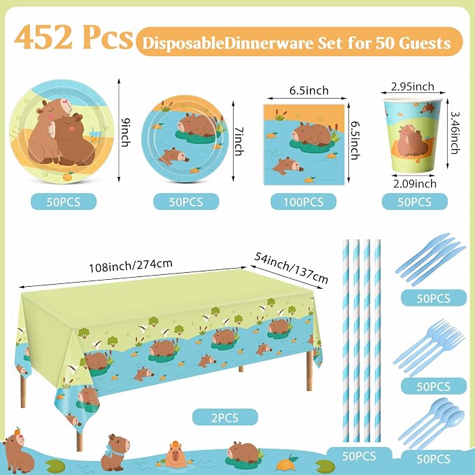 Funnymoom 452 Pcs Capybara Birthday Decorations for 50, Capybara Paper Plates Napkins Cups Cutlery Tablecloth Cutlery Straws for Cute Animal Tableware Birthday Party Supplies