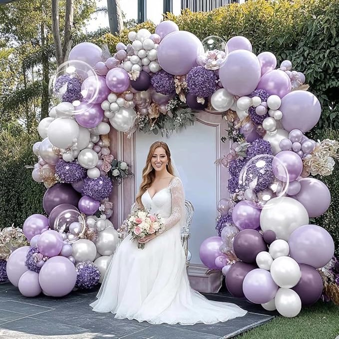 Purple White Balloon Garland Double Stuffed Light White Lilac Balloons Pearl Balloon Arch Kit For Lavender Fairy Birthday Baby Shower Wedding Wild Flower Bridal Shower Party Decor