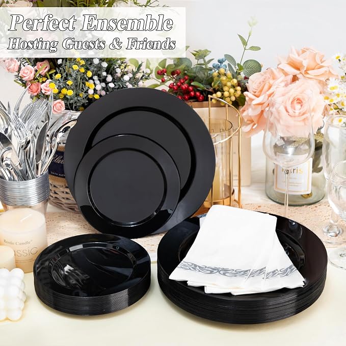 BESTSTAR 200PCS Black Plastic Plates Set, 100 10.25 inch Dinner Plates and 100 7.5 inch Dessert Plates, Premium Disposable Plates for Party, Graduation Party Supplies 2026