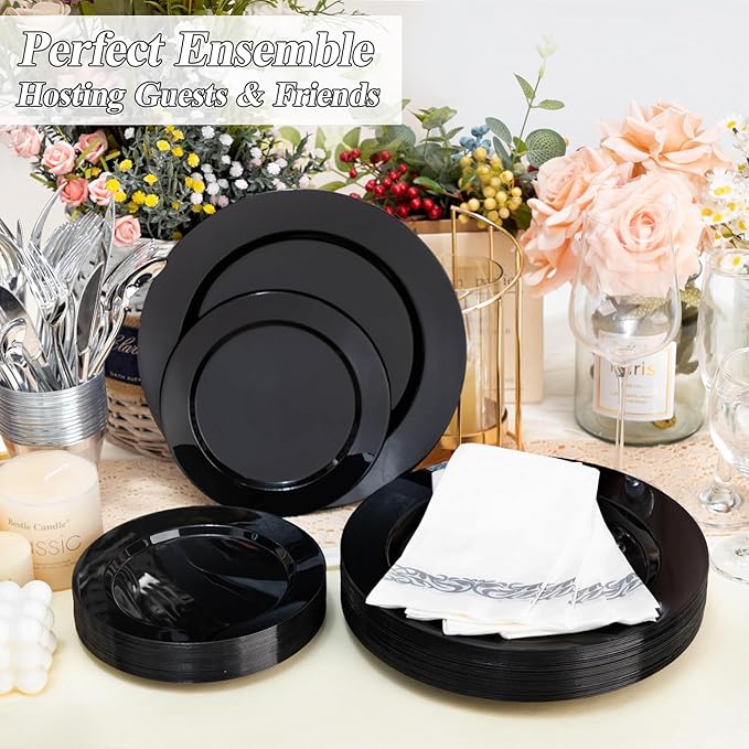 BESTSTAR 100PCS Black Plastic Plates Set, 50 10.25 inch Dinner Plates and 50 7.5 inch Dessert Plates, Premium Disposable Plates for Party, Wedding