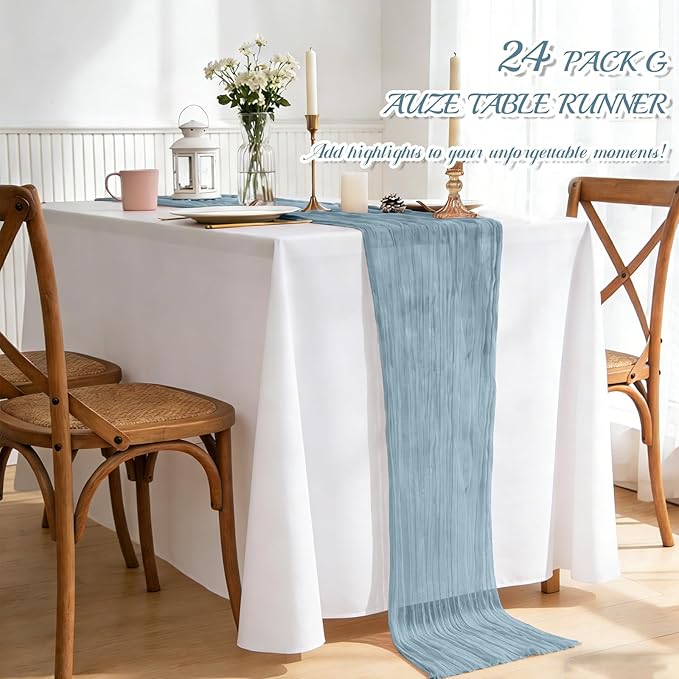 12 Pack Dusty Blue Table Runner, Cheesecloth Table Runner Long Romantic Semi Sheer Rustic Boho Gauze Table Runners for Wedding Bridal Shower Birthday Party Decorations(17.7×108 Inch)