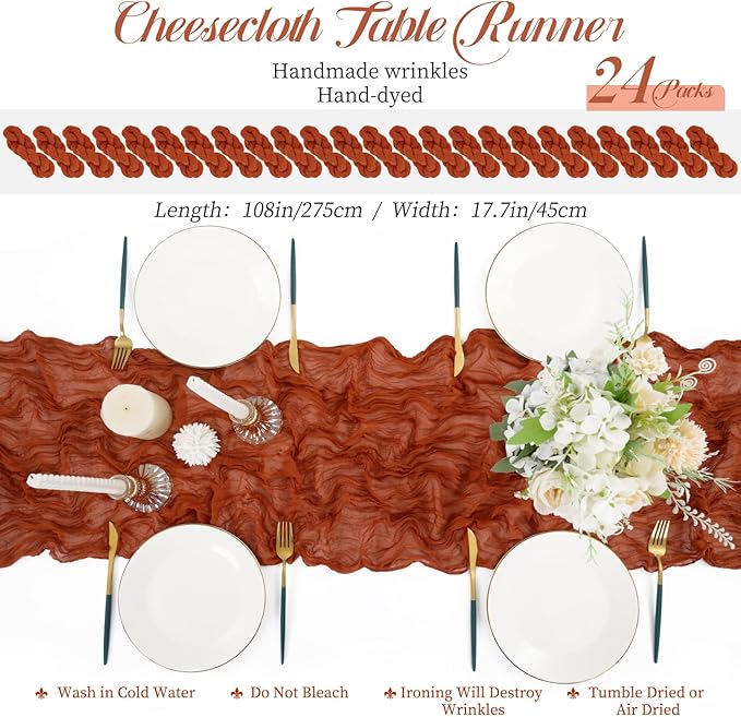 24 Packs Terracotta Table Runner, Charming Cheesecloth Table Runner 17 x 108inch, Gauze Boho Wedding Decoration Rustic Sheer Fabric Cheese Cloth Table Runners for Wedding Party Bridal Shower