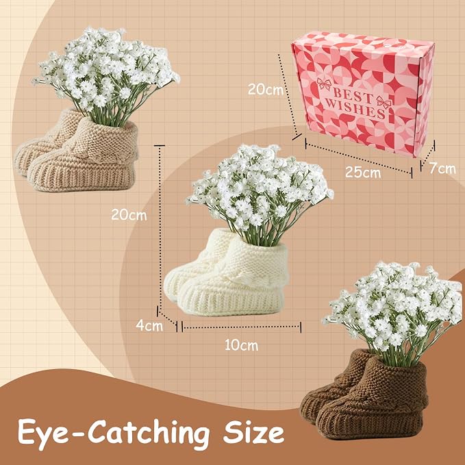 12 Pcs Handcrafted Boho Baby Shower Decorations, Baby Shower Table Decorations Centerpieces with Reusable Boho Flowers & Crochet Newborn Booties, Creative Gift for Gender Reveal Party, New Parents