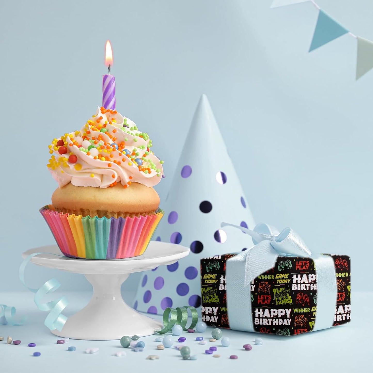 Aimyoo Gaming Birthday Wrapping Paper Roll - 17 Inch X 16.4 Feet - Black Happy Birthday Video Game Pattern Gift Wrap Paper for Boys Party, Baby Shower, Holiday