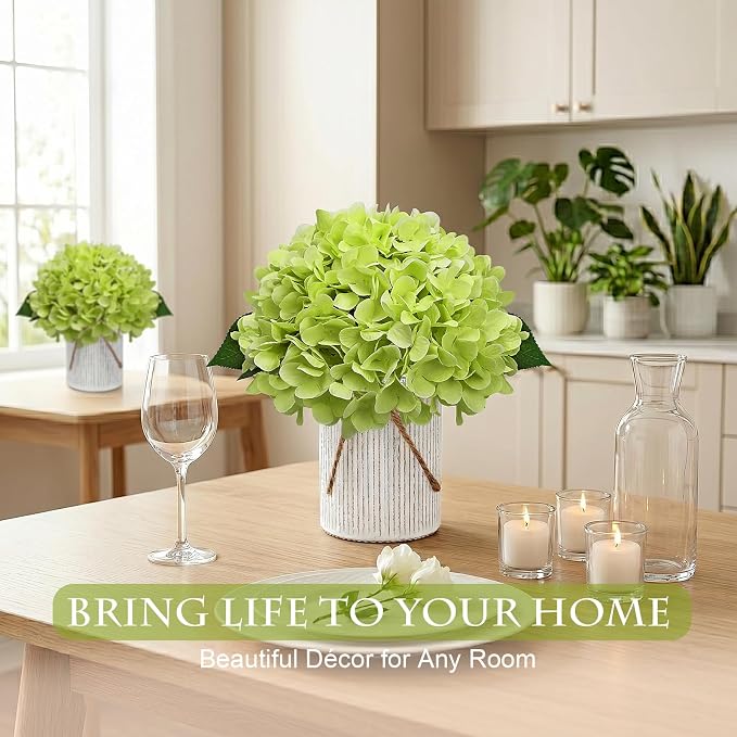 Flower Table Centerpieces - Set of 6 Floral Arrangement Artificial Wedding Hydrangeas Floral Arrangement with Rustic Metal Vase for Bridal Tea Party Event Decorations - Light Green