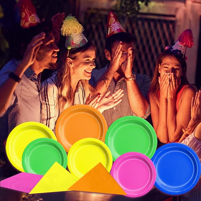 CMUSKO Glow in the Dark Party Supplies - 60Pcs Neon Party Plates & Napkins Set 80s Neon Let's Glow Themed Tableware for Birthday