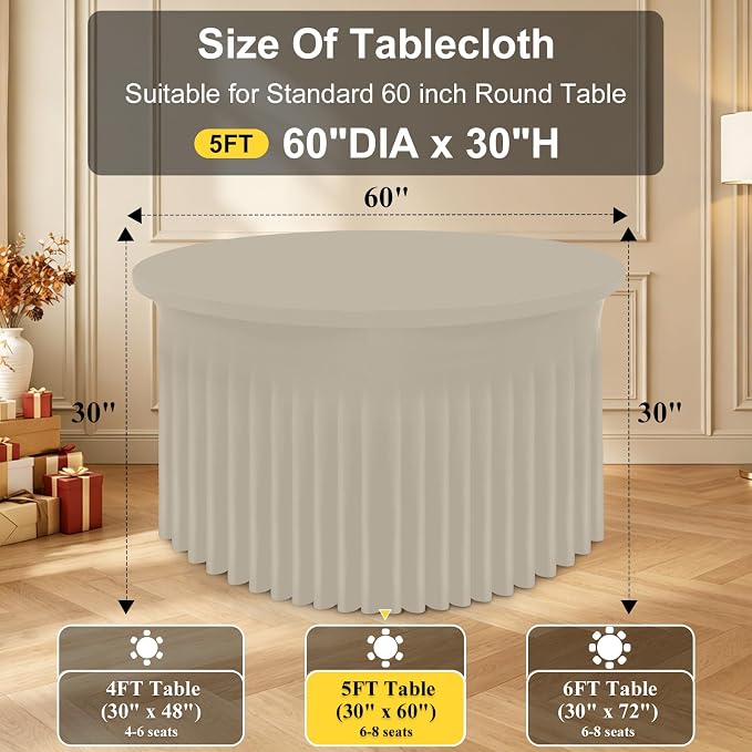Smiry Round Spandex Tablecloth, Elastic Fitted Washable Tablecloths for 60 Round Tables, Waterpoof Stretch Table Cover Skirt for Outdoor, Wedding, Banquet & Parties, Taupe