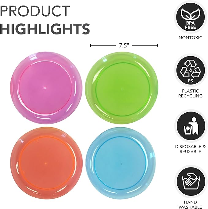Party Essentials Hard Plastic 7.5-Inch Round Party/Salad Plates, Assorted Neon, 40 Count