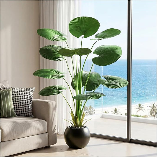 Artificial Fan Palm Tree: 5FT Fake Licuala Ruffled Fan Palm Plant Faux Tropical Plant Realistic Tall Floor Tree in Black Egg-Shaped Pot for Home Decor Office Patio Hotel Garden Indoor Outdoor