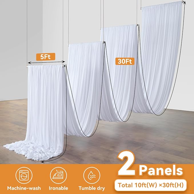 10ftx30ft White Ceiling Drapes for Wedding Parties, Wrinkle Free Polyester 2 Panels 5x30ft Long Tent Curtains Draping Cloth Arch Drapery for Birthday Party Event Tent Canopy Venue Decoration