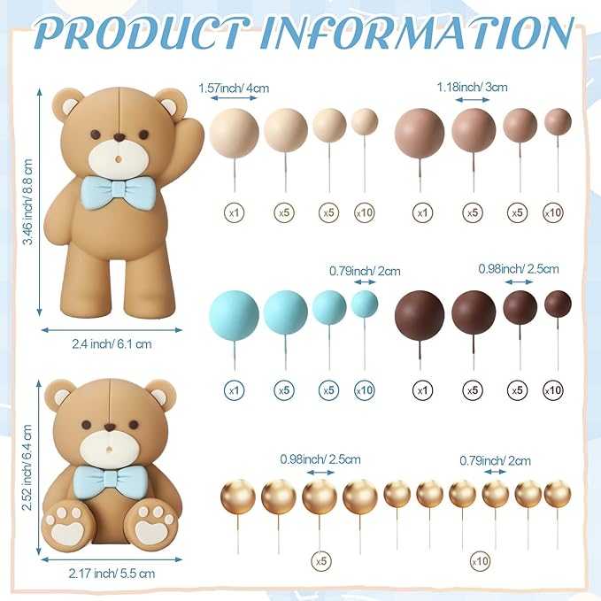 Geelin 101 Pcs Teddy Bear Ball Cake Toppers Decors Blue Brown Gold Khaki Mini Balloons Foam Balls Cake Toppers for Bear Birthday Cupcake Baby Shower Wedding Decoration