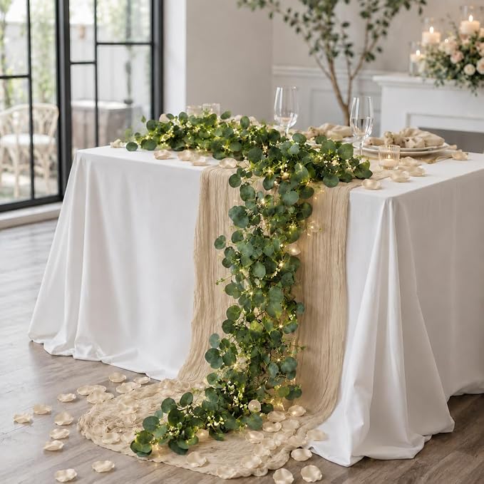 Cinrobiye 11PCS Boho Cheesecloth Table Runner Set with Rose Petals, 120'' Gauze Table Runner, Wrinkled Napkins, Eucalyptus Garland and String Lights for Wedding Baby Shower Tea Party Decorations