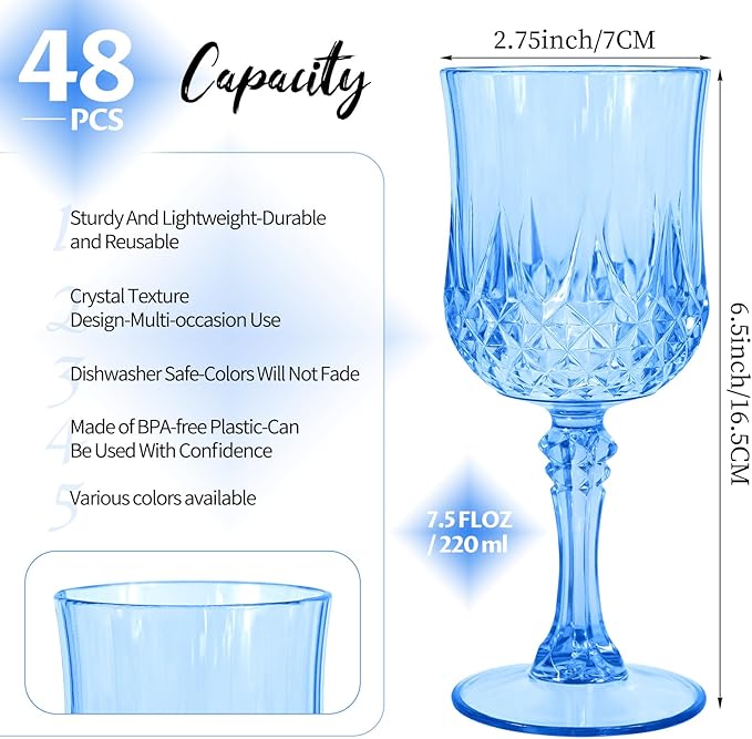 48Pack Blue Plastic Wine Glasses,Vintage Plastic Goblets for Parties, Light Blue Drinking Glasses Crystal Water Goblets Reusable for Wedding Reception, Grand Event Party Supplies